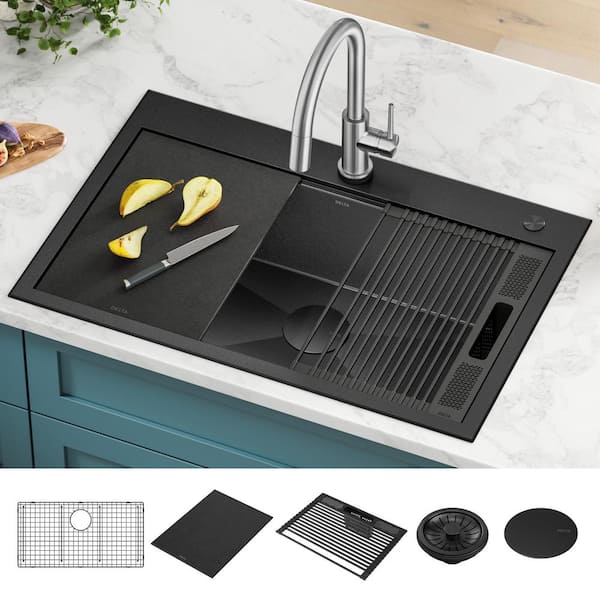 Rivet 16 Gauge Black Stainless Steel 33 in. Single Bowl Drop-In Workstation Kitchen Sink in PVD Gunmetal Finish