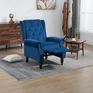 Modern Navy Blue Velvet Upholstered Wingback Recliner Chair with Nailheads and Solid Wood Legs