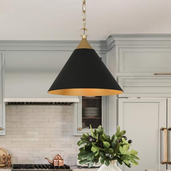 Mid-century Modern 11.8 in. 1-Light Gold and Matte Black Pendant Lamp with Cone Shade, Kitchen Island Pendant Lighting