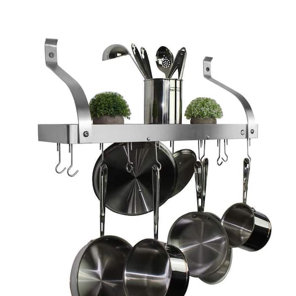 Handcrafted 36 in. Gourmet Deep Bookshelf Wall Rack with Curved Arms and 12-Hooks Stainless Steel