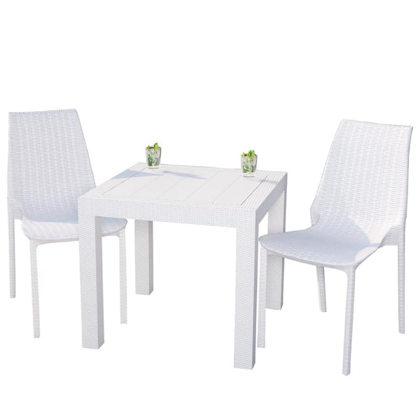 Leisuremod Kent White 3-Piece Plastic Square Outdoor Dining Set