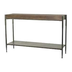 49 in. Gray Extra Large Rectangle Metal 1 Shelf Console Table with Brown Wood Top