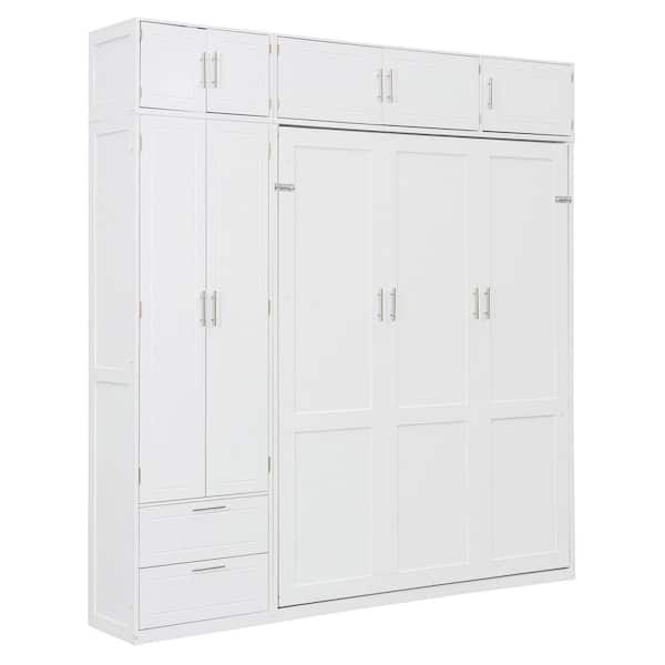 White Wood Frame Queen Size Murphy Bed with Top Cabinet, Shelves and Wardrobe, Space Saving Foldable Bed