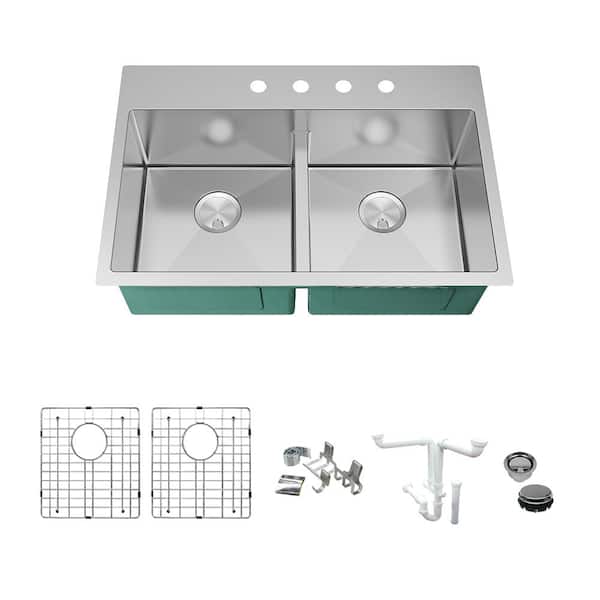 Transolid Diamond 16-Gauge Stainless Steel 33 in. Double Bowl Drop-In Kitchen Sink Kit with Magnetic Accessories