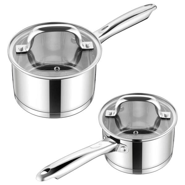 2-Piece Stainless Steel Triply Saucepan Set Induction Compatible Pot with Glass Lid Oven Dishwasher Safe