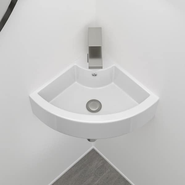 Timussi 18 in. x 13 in. Wall-Mounted Corner Bathroom Sink in White Ceramic