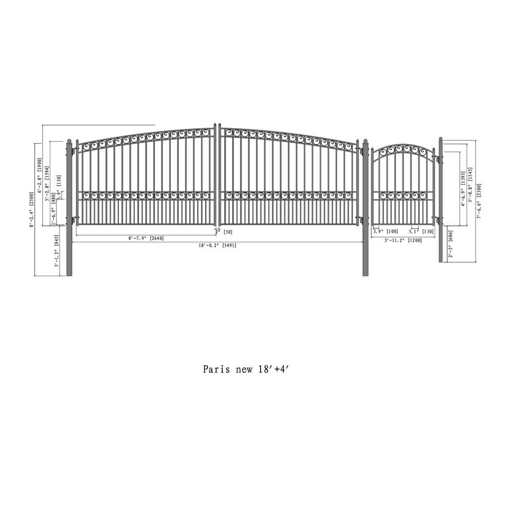 Paris Style Black Steel Dual Driveway Gate with Pedestrian Gate