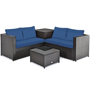 4-Piece Wicker Loveseat with Navy Cushions