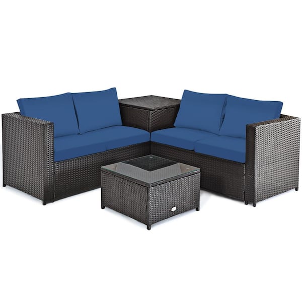 4-Piece Wicker Loveseat with Navy Cushions