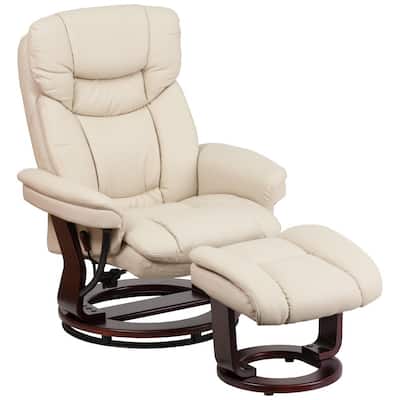 Contemporary Beige Leather Recliner and Ottoman with Swiveling Mahogany Wood Base