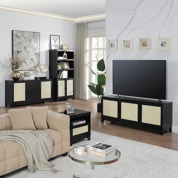 Manhattan Comfort Sheridan Modern Black 4-Piece Cane TV Stand Living Room Set, Fits TV's Up to 55 in.