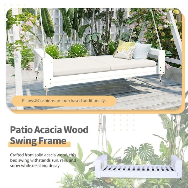 2-Person White Acacia Wood Porch Swing Bed, Twin Size Patio Swing