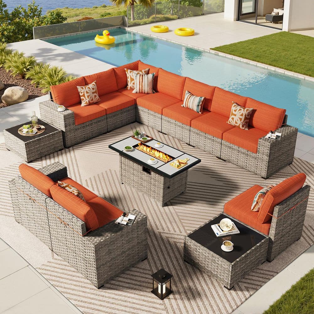 Siesta 13 Pieces Wicker Outdoor Patio Rectangular Fire Pit Set with Orange Red Cushions price history on PriceWatchPro