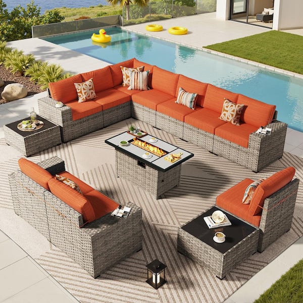 Siesta 13 Pieces Wicker Outdoor Patio Rectangular Fire Pit Set with Orange Red Cushions