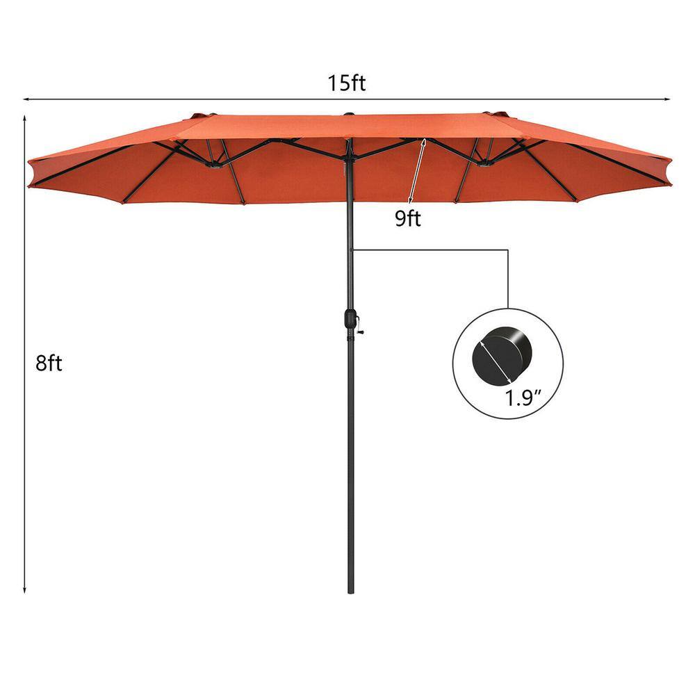 15ft Orange Double-Sided Steel Patio Umbrella with Hand Crank