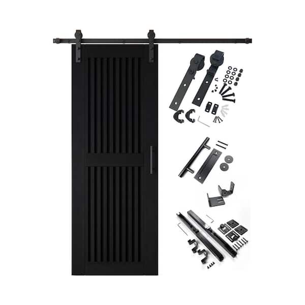 ST 26 in. x 80 in. C-Panel Black Vertical Stripe Design Solid Pine Wood Sliding Barn Door with Hardware Kit
