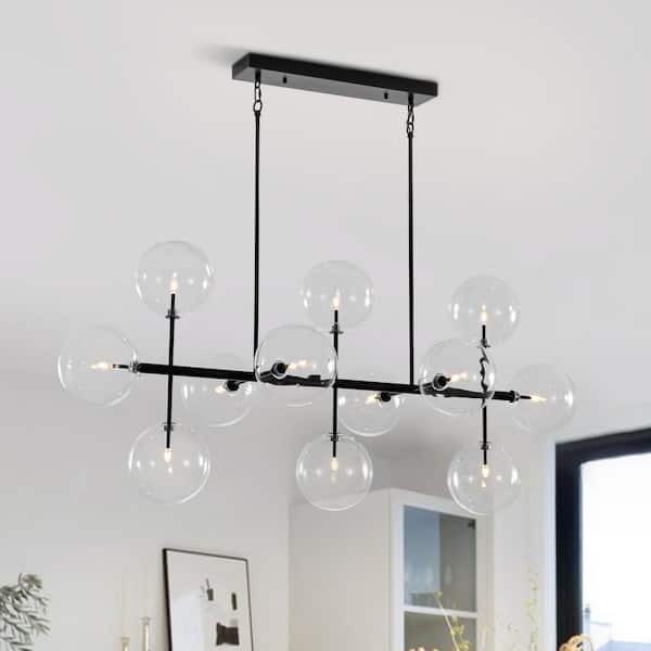 Dimma 12-Light 57.9 in. W Matte Black Branch Long Crossbar Chandelier with Clear Glass Globe for Kitchen Island