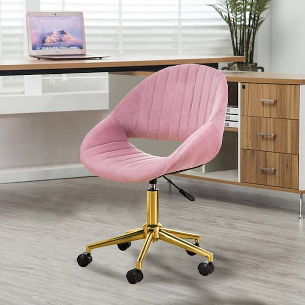 Magic Home Pink Velvet Swivel Task Chair with Gold 5-Star Base with Casters