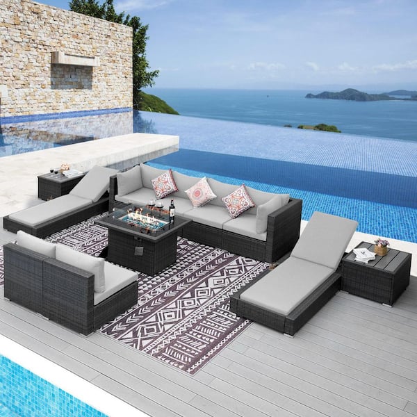 Unbranded 11-Piece Wicker Outdoor Sectional Patio Furniture Conversation Set with Firepit Table, Chaise Lounge, Light Gray Cushion