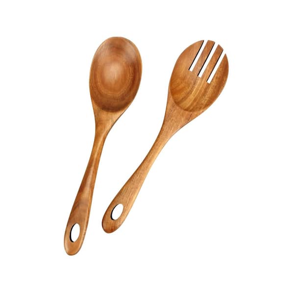 Natural Wood Finish Salad Serving Utensils Set of 2 Kitchen Servers Spoon Fork for Bowls Non-Scratch 10 in.