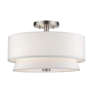 Fontana 3-Light Brushed Nickel Semi Flush Mount with Off-White Fabric Shade