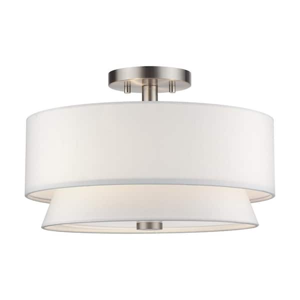 Livex Lighting Fontana 3-Light Brushed Nickel Semi Flush Mount with Off-White Fabric Shade