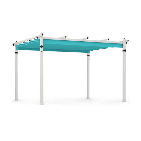 ANGELES HOME 12 ft. x 10 ft. Turquoise Outdoor Pergola with Retractable Canopy and Aluminum Frame