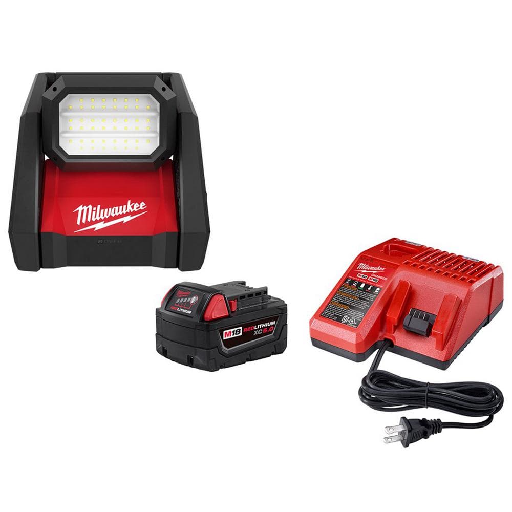 Milwaukee M18 GEN-2 18-Volt Lithium-Ion Cordless ROVER LED AC/DC Flood Light  and Starter Kit with (1) 5.0 Ah Battery and Charger 2366-20-48-59-1850  The Home Depot