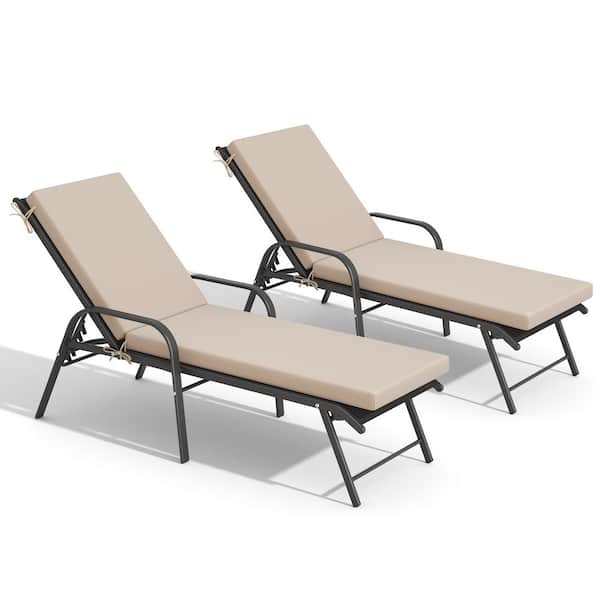2-Piece Black Metal Adjustable Outdoor Chaise Lounge with Cushions in Beige