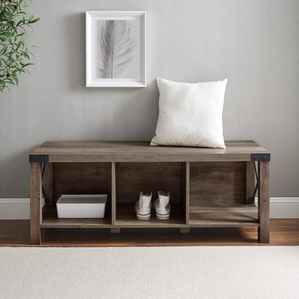 Welwick Designs Grey Wash Rustic Farmhouse Wood Metal Entry Bench Hd8140 Grey Wash Rustic Farmhouse Wood, Rustic Farmhouse Bench