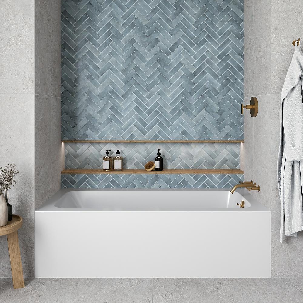 Glossy White Acrylic Alcove Bathtub with Brushed Gold Hardware