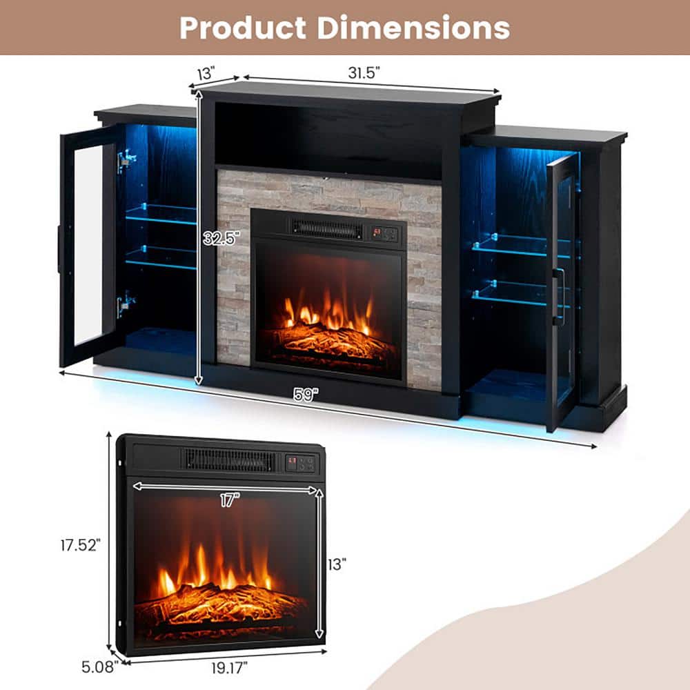 Black MDF TV Stand with Fireplace and LED Lights for 65-inch TVs