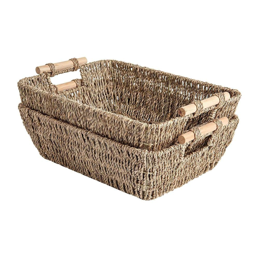 2-Pack Hand-Woven Storage Baskets with Wooden Handles, Seagrass Wicker Baskets for Organizing, Natural Wicker Tan price history on PriceWatchPro