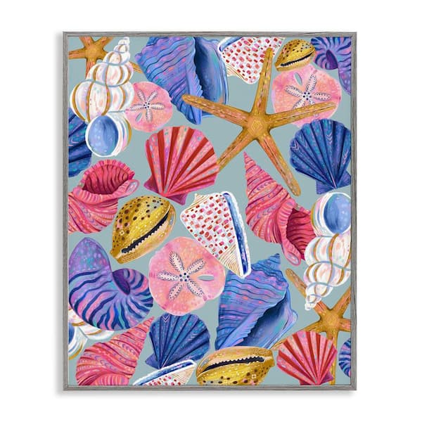 Stupell Industries Bright Seashells Assortment by Arrolynn Weiderhold Gray Framed Coastal Giclee Art Print 30 in. x 24 in.