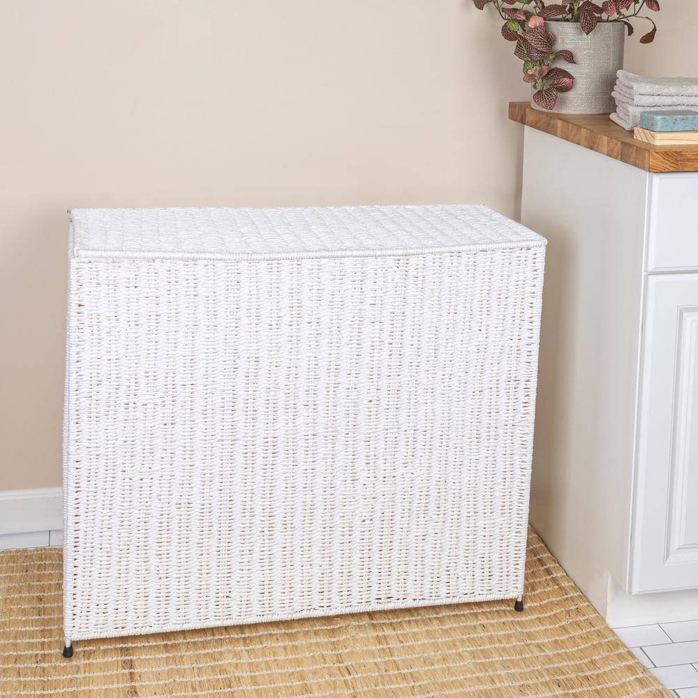 White Wicker 3-Compartment Laundry Sorter with Lid