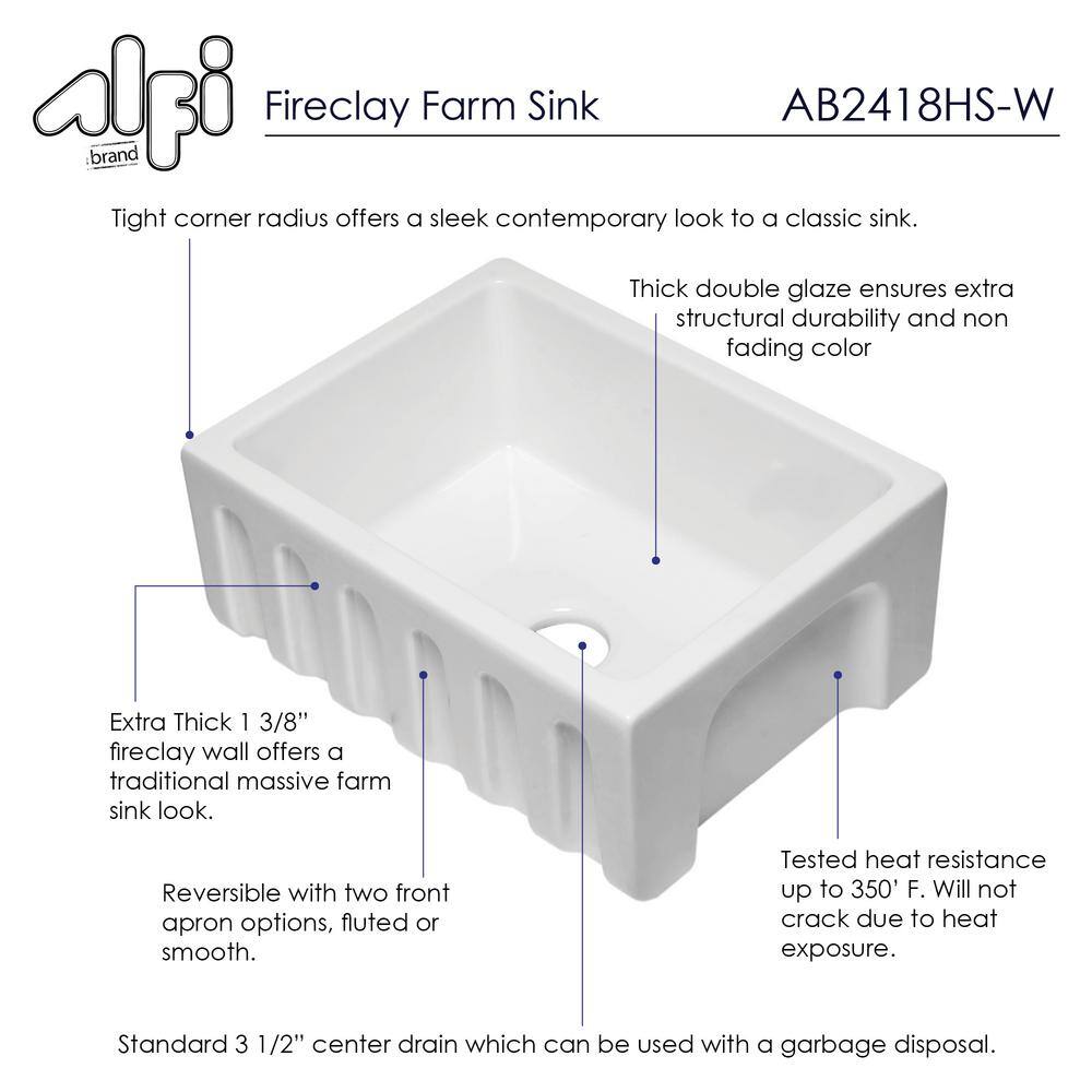 24'' White Fireclay Farmhouse Drop-In Single Bowl Sink