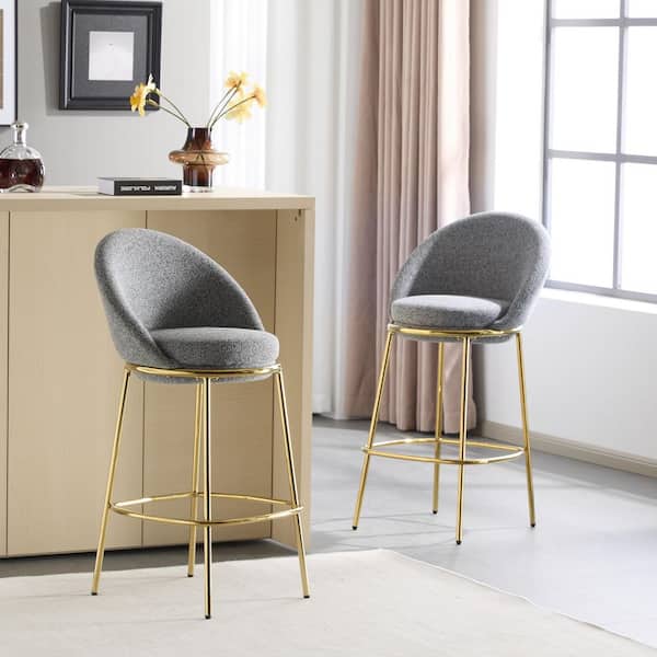 30 in. H Gold/Gray Metal Bar Stool with Fabric Seat Set of 2
