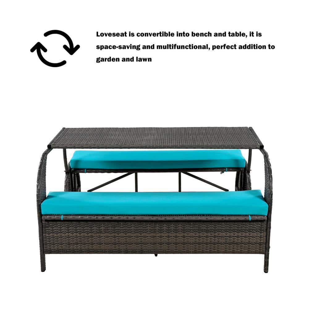 Infographic showing the convertible nature of the loveseat.