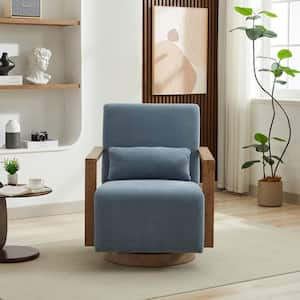 30.3 in. W Elegant 360° Upholstered Swivel Chair with Solid Wood Armrests and Weathered Base - Pale Blue