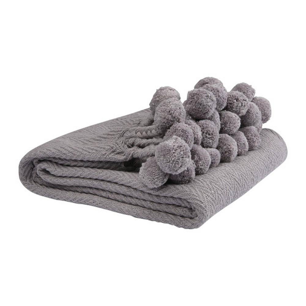 Playful Poms Gray Cotton Throw Blanket with Pom Pom Trim