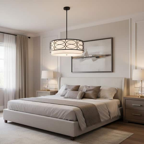 4-Light Black and White Drum Chandelier, Modern Dining Room Chandelier Lighting with Fabric Shade for Living Room