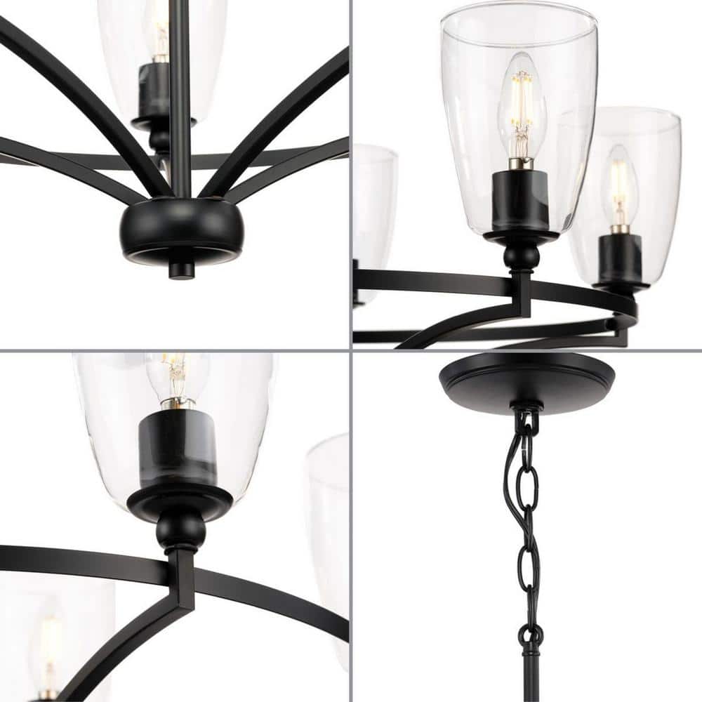 Matte Black Five-Light Chandelier with Clear Glass Shades