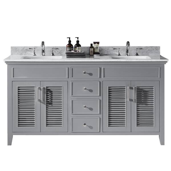 Exclusive Heritage Elise 60 in. W x 22 in. D x 34.21 in. H Bath Vanity in Taupe Grey with Marble Vanity Top in White with White Basins