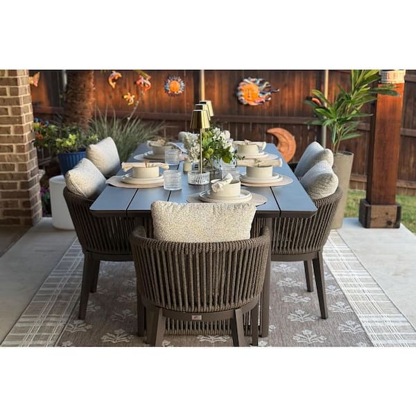 7-Piece Aluminum All-Weather Wicker Outdoor Dining Set with Cushion, Brown