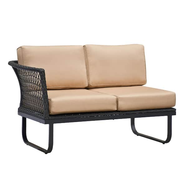 Zeus & Ruta Black 5-Piece 6-Seater Metal Outdoor Sectional Conversation Furniture Set with Coffee Table, Khaki Cushions