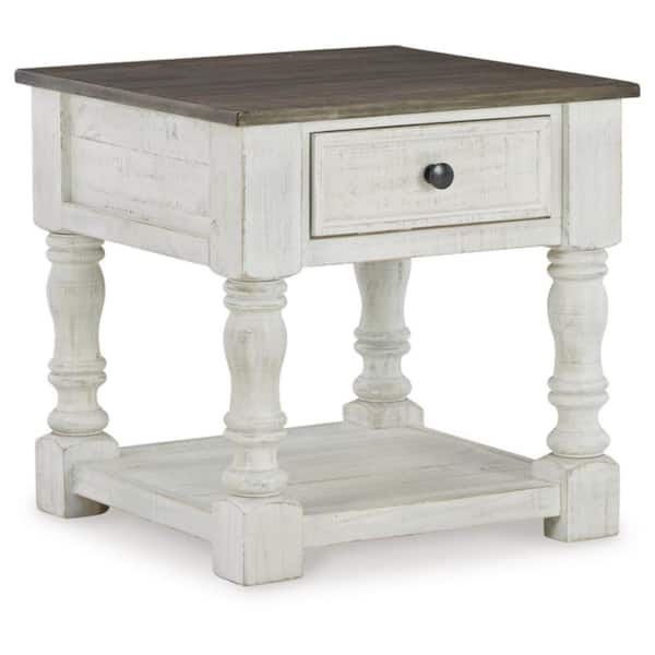 Havalance 25 in. White/ Gray Squre Wood End Table with Drawer and Lower Shelf