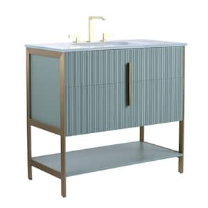 36 in. W x 18 in. D x 33.5 in. H Bath Vanity in Mint Green with Glass Vanity Top in White With Brass Hardware