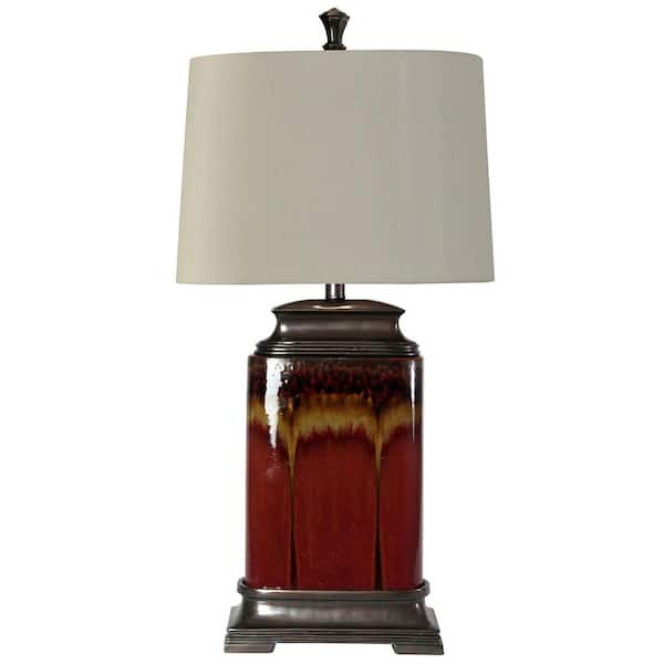 StyleCraft 31 .5 in. Radioactive Glaze in Rust, Yellow, and Brown Ceramic, Metal Table Lamp with Off White Linen Shade