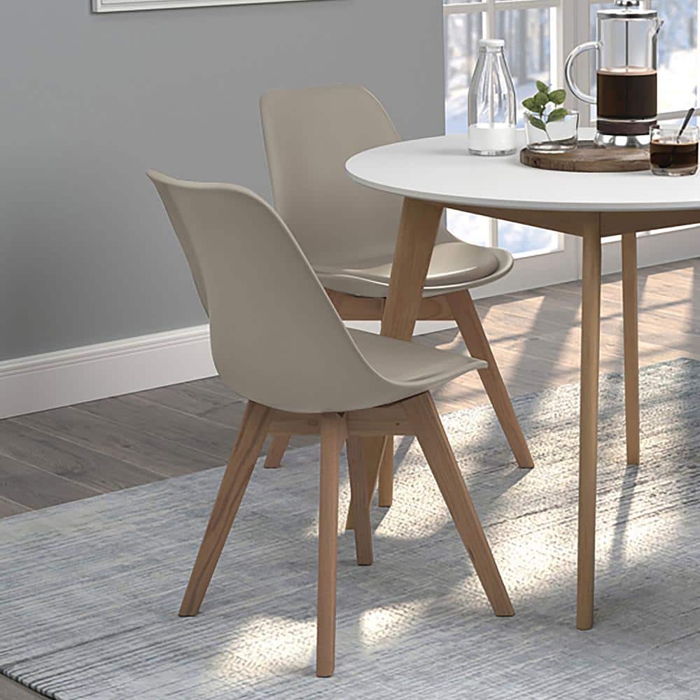 Tan Upholstered Transitional Side Chair with Oak Legs