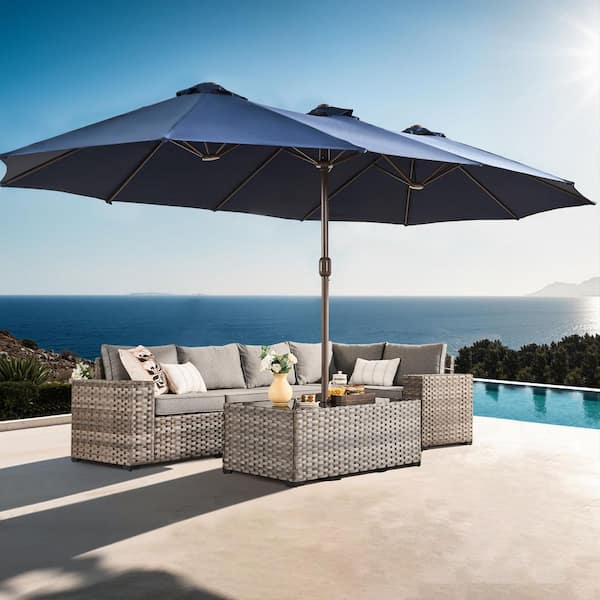 Alpine C 15 ft. Outdoor Double-Sided Market Patio Umbrella, UV Protection with Base in Navy Blue